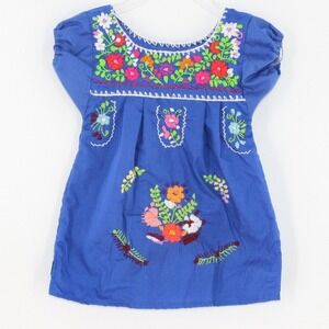 Unbranded Mexican Peasant Dress Floral‎ Embroidered Toddler Blue 18-24 months